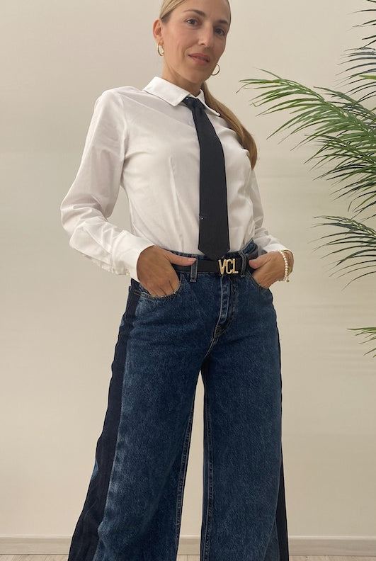 Camicia Con Cravatta Ricamata in Paillettes e Gessato Sottile Susy Mix