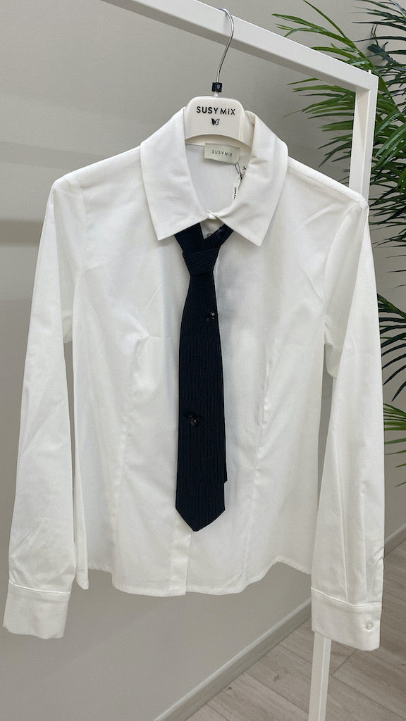 Camicia Con Cravatta Ricamata in Paillettes e Gessato Sottile Susy Mix