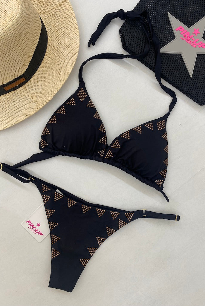 Bikini Donna Pin Up Stars Triangolo e Perizoma Micro Borchie Nero