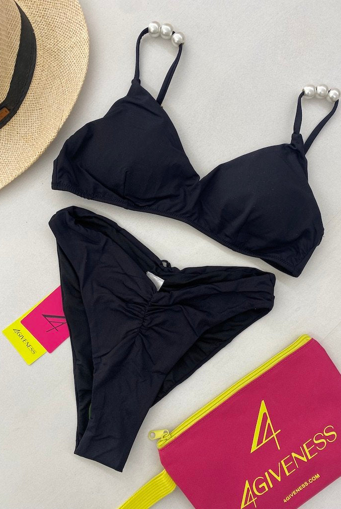 Bikini Donna 4Giveness Top con spalline perle e slip vita alta Nero 4873
