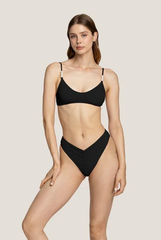 Bikini Donna 4Giveness Top con spalline perle e slip vita alta Nero 4873