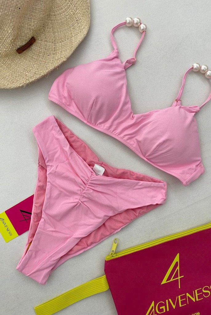 Bikini Donna 4Giveness Top con spalline perle e slip vita alta Rosa 873