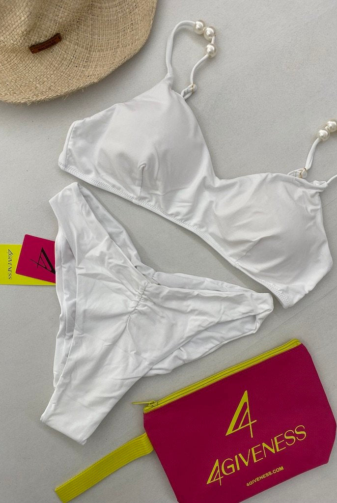 Bikini Donna 4Giveness Top con spalline perle e slip vita alta Bianco 4873