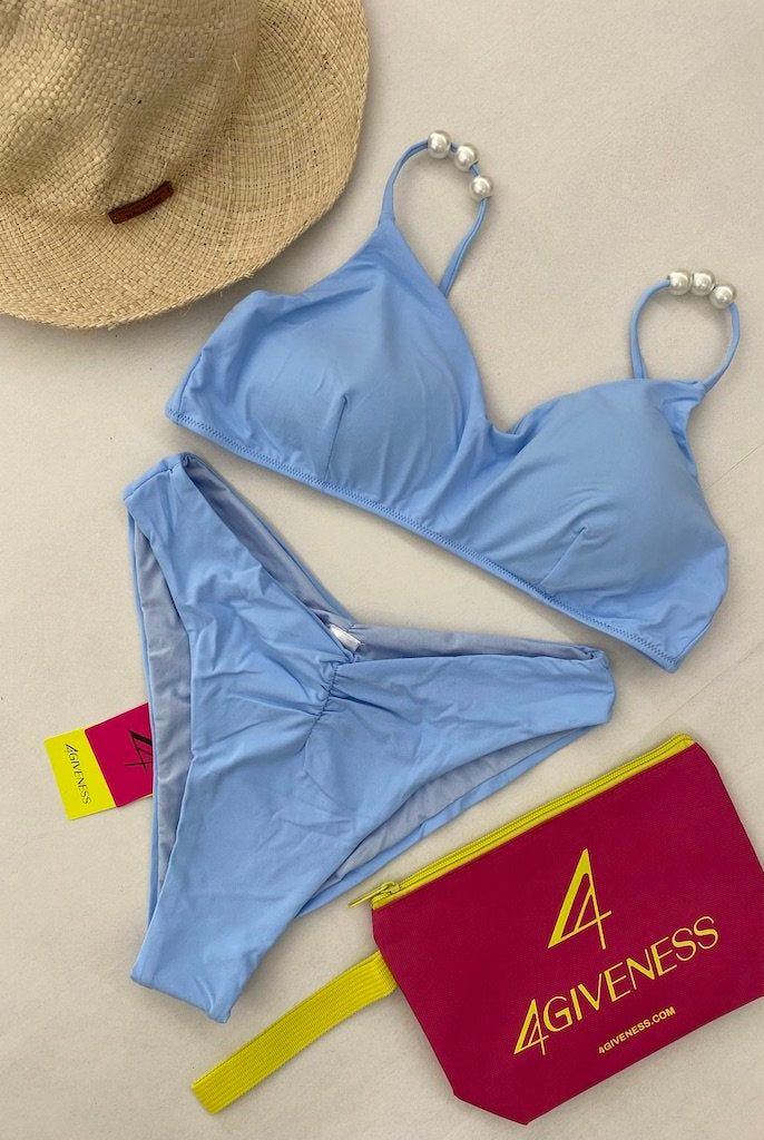Bikini Donna 4Giveness Top con spalline perle e slip vita alta Celeste 4873