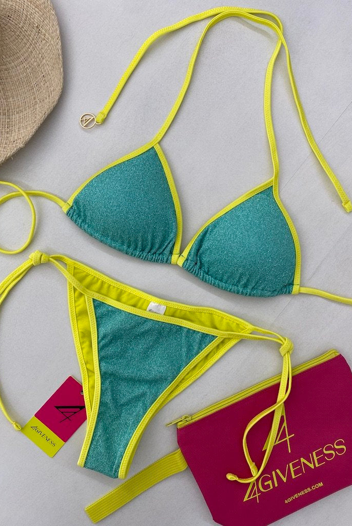 Bikini Donna 4Giveness Triangolo e Slip Bordato Bicolor Lurex Tiffany/Giallo 5212