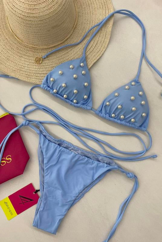 Bikini Donna 4Giveness Triangolo con Slip Laccetti Celeste con Perle 4870-050