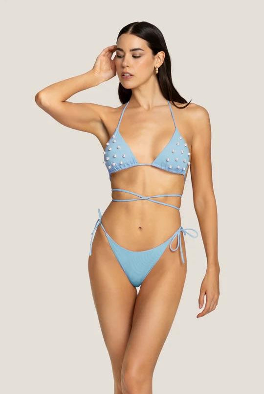 Bikini Donna 4Giveness Triangolo con Slip Laccetti Celeste con Perle 4870-050