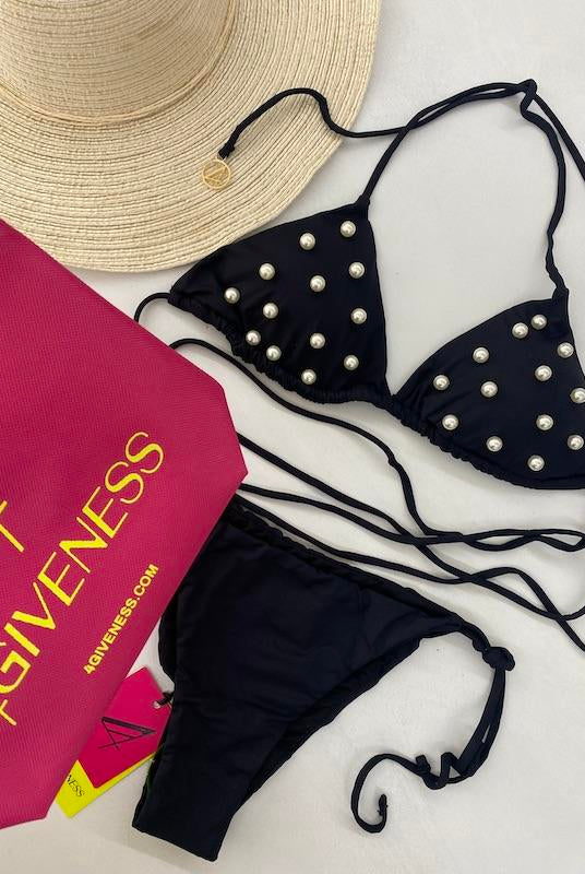 Bikini Donna 4Giveness Triangolo con Slip Laccetti Nero con Perle 4870-110