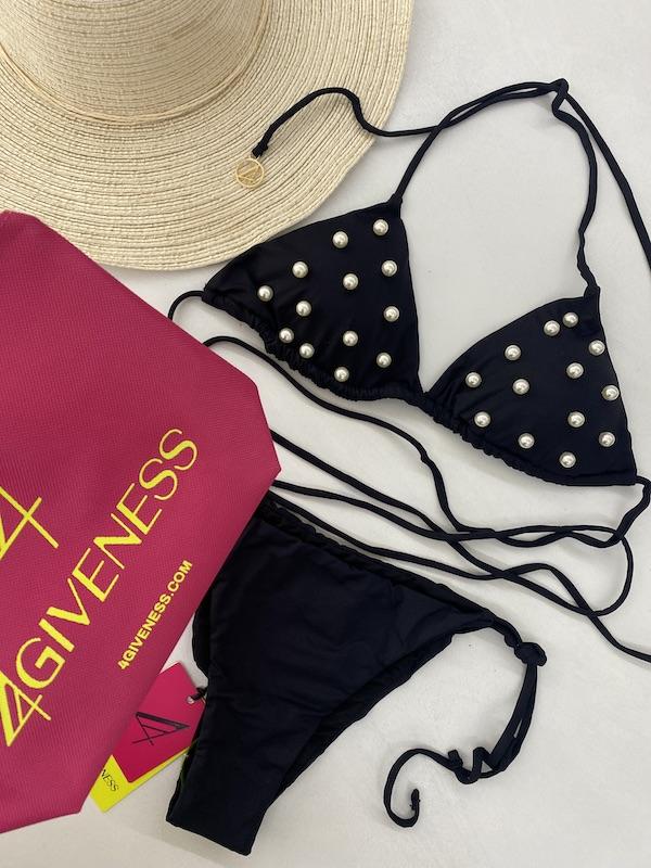 Bikini Donna 4Giveness Triangolo con Slip Laccetti Nero con Perle 4870-110