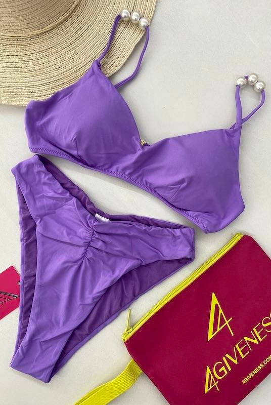 Bikini Donna 4Giveness Top con spalline perle e slip vita alta Lilla 873