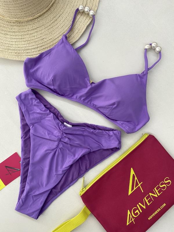Bikini Donna 4Giveness Top con spalline perle e slip vita alta Lilla 873