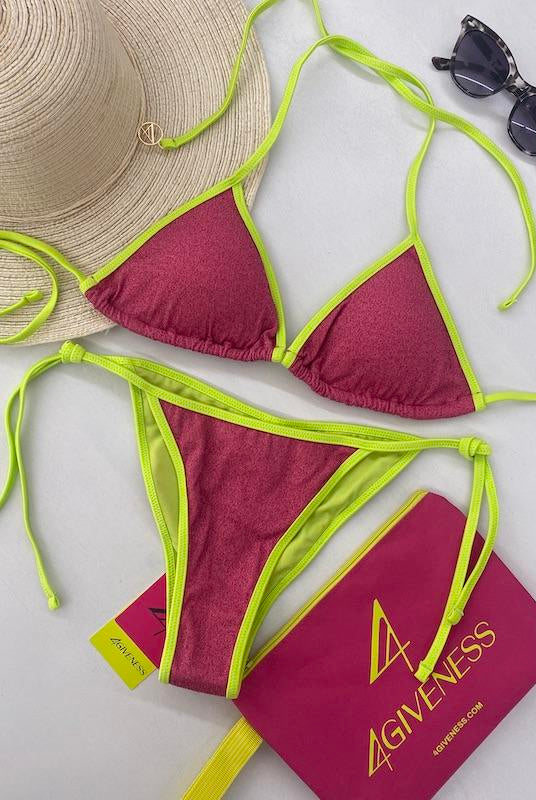 Bikini Donna 4Giveness Triangolo e Slip Bordato Bicolor Lurex Fucsia/Verde 5212