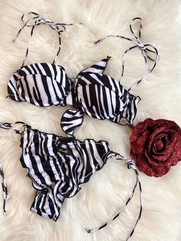 Bikini reggiseno e slip laccetti brasiliano regolabile Frou frou Striped Effek Taglia L