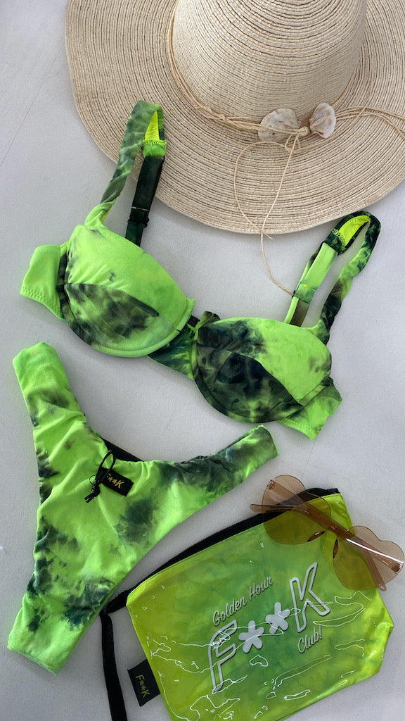 Bikini Donna F**K Reggiseno con Ferretto e Slip Americano Fisso Giallo Fluo