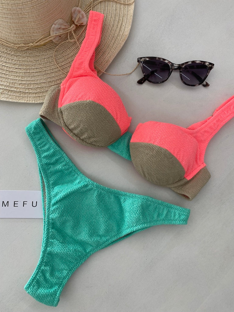 Bikini Donna Me Fui Reggiseno con Ferretto e Slip Americano Fisso Color Block 0502CR