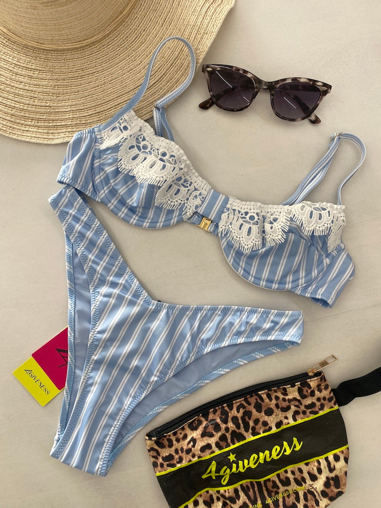 Bikini Donna 4Giveness Balconcino con Slip V Vertical Lines Azzurro 5118