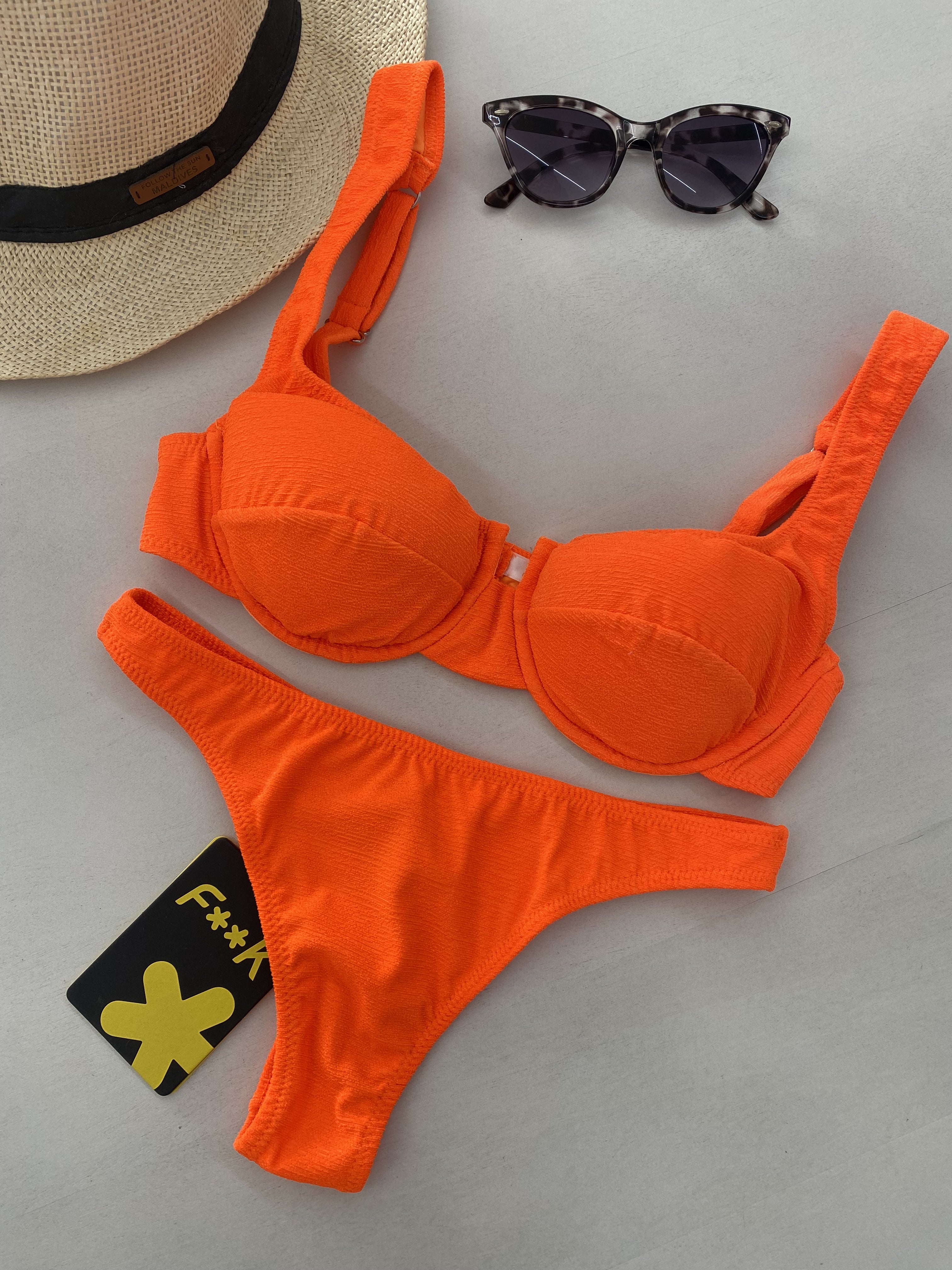 Bikini Donna F**K Reggiseno con Ferretto e Slip Americano Fisso Arancione Fluo 1142FO
