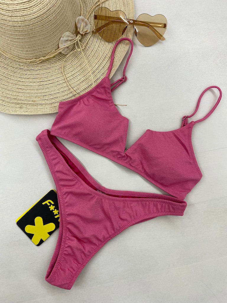Bikini Donna F**K Top con Ferretto e Slip Americano Fisso Fucsia 1143FX