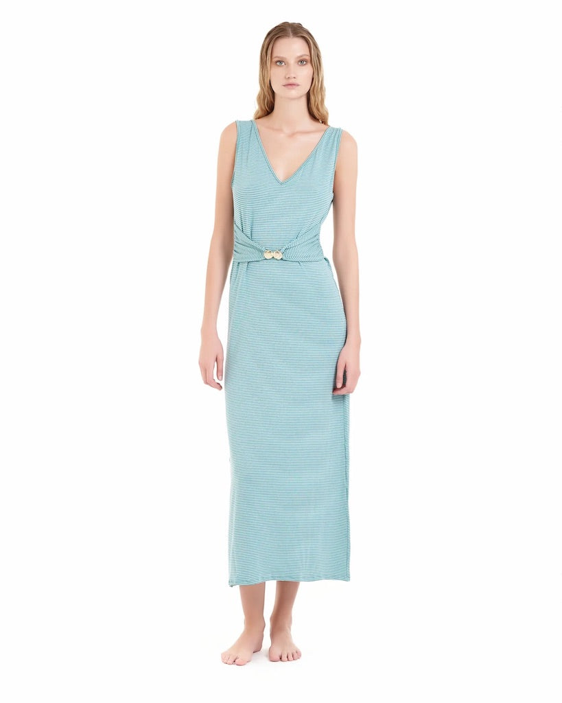 Abito Lungo Cotazur Dettaglio Conchiglia con Scollo a V Verde Acqua VSCA0046