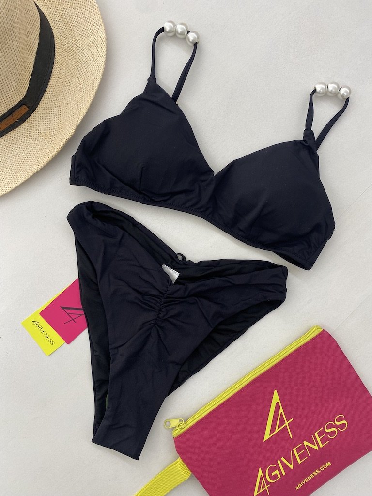  Bikini Donna 4Giveness Top con spalline perle e slip vita alta Nero 4873