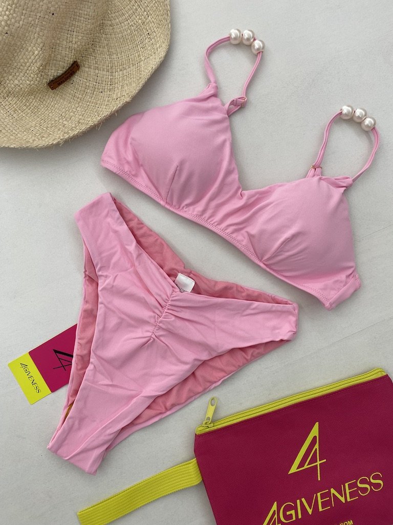  Bikini Donna 4Giveness Top con spalline perle e slip vita alta Rosa 873