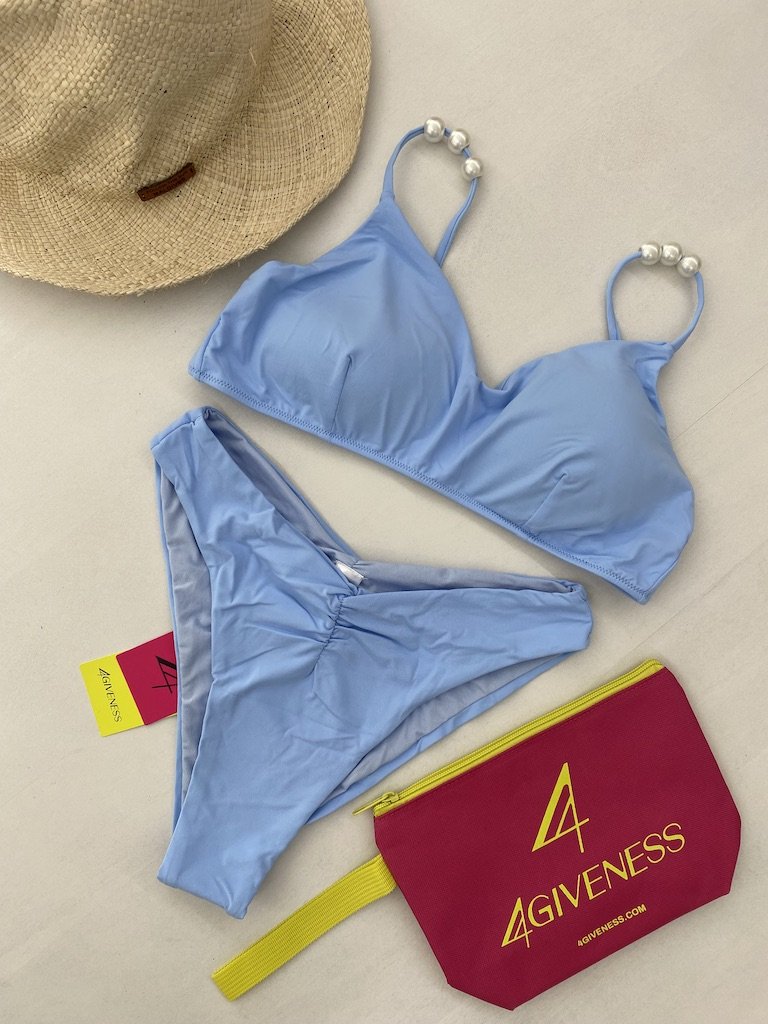  Bikini Donna 4Giveness Top con spalline perle e slip vita alta Celeste 4873