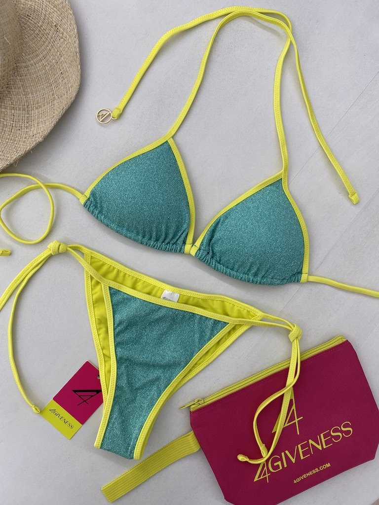 Bikini Donna 4Giveness Triangolo e Slip Bordato Bicolor Lurex Tiffany/Giallo 5212