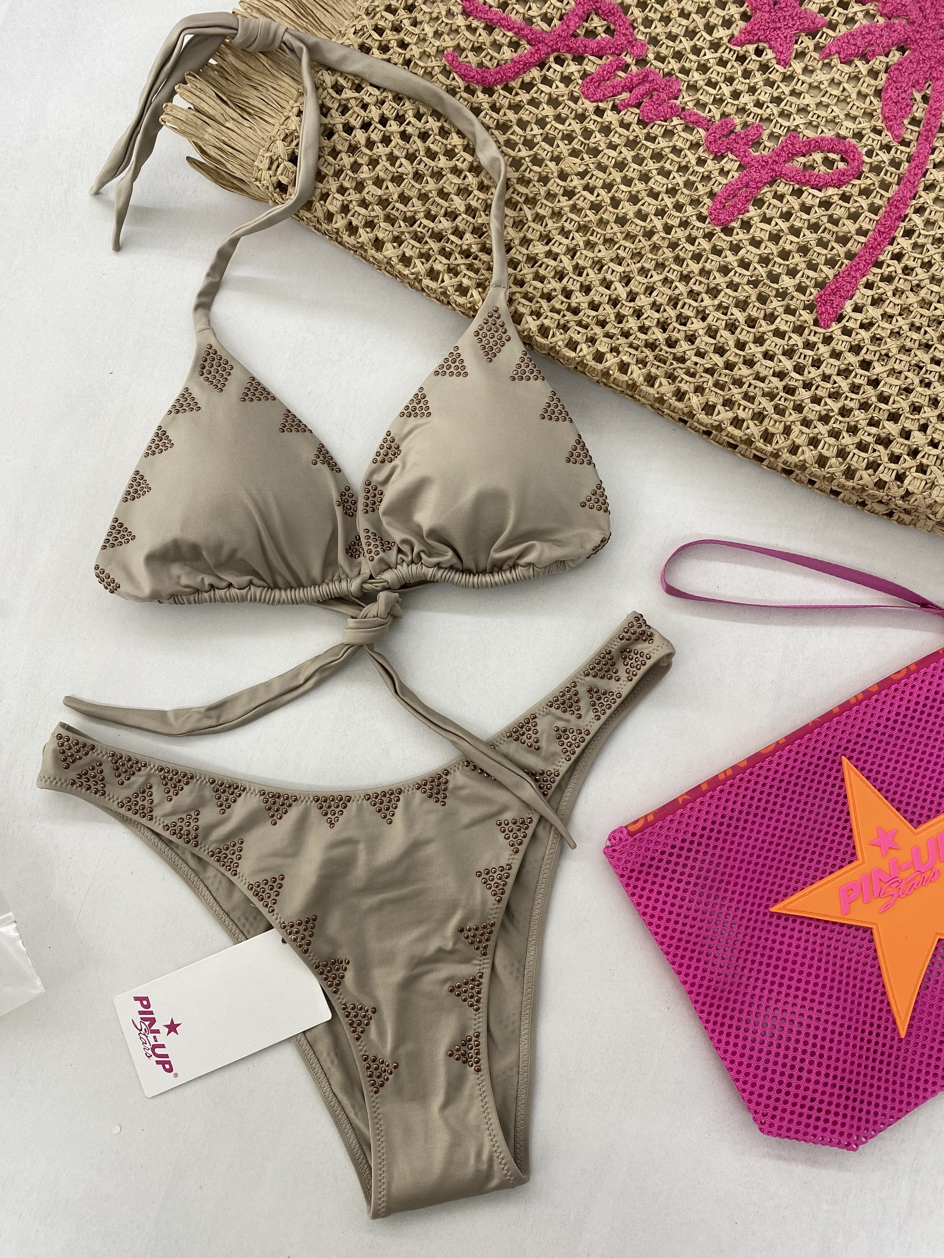 Bikini Donna Pin Up Stars Triangolo Microborchie Tinta Unita Tortora