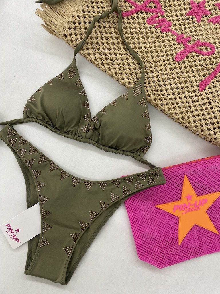 Bikini Donna Pin Up Stars Triangolo Microborchie Tinta Unita Verde Militare