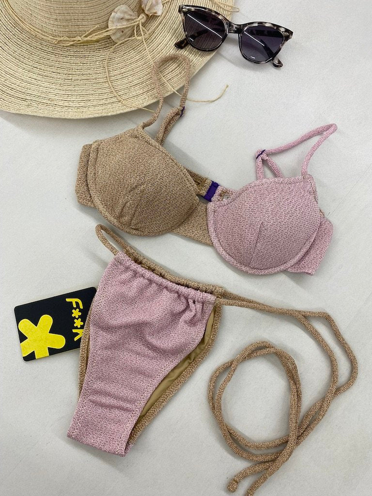 Bikini Donna F**K Reggiseno con Ferretto e Slip Brasiliano Regolabile Gold 0932-GD