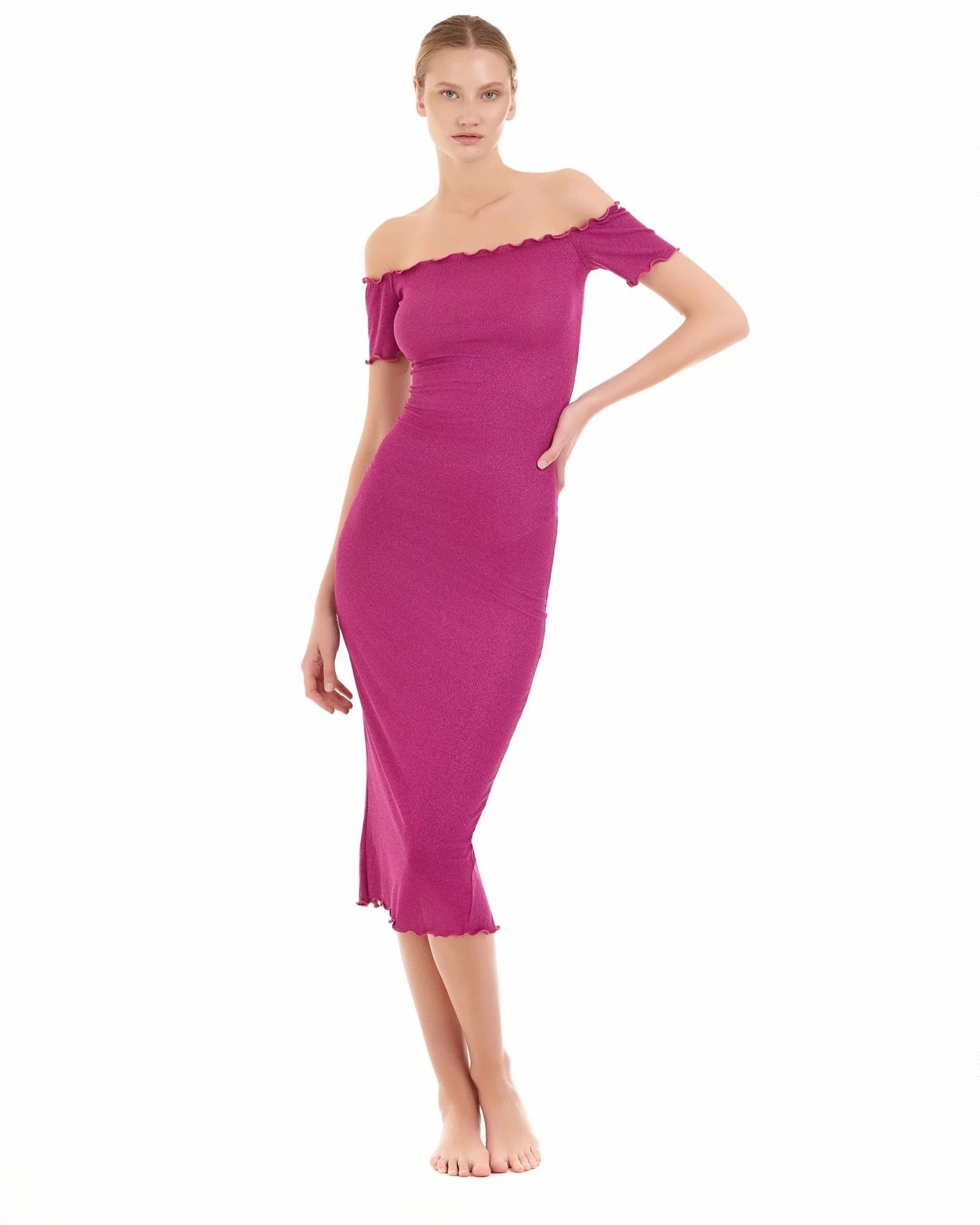Abito Midi Cotazur con Scollo Bardot Fucsia