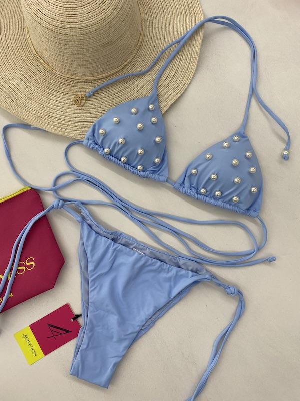 Bikini Donna 4Giveness Triangolo con Slip Laccetti Celeste con Perle 4870-050