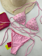 Bikini Donna 4Giveness Triangolo con Slip Laccetti Rosa con Perle 4870-042