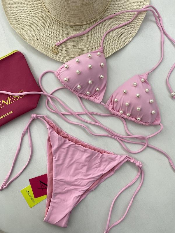 Bikini Donna 4Giveness Triangolo con Slip Laccetti Rosa con Perle 4870-042