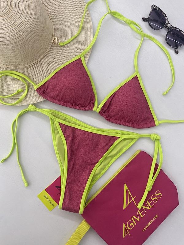 Bikini Donna 4Giveness Triangolo e Slip Bordato Bicolor Lurex Fucsia/Verde 5212